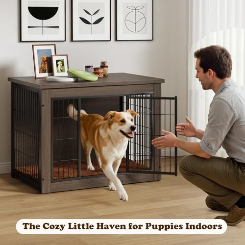 Wooden Dog Crate Furniture with Thick Cushion (M(23.6" x 22.1" x 25.3") / Brown)