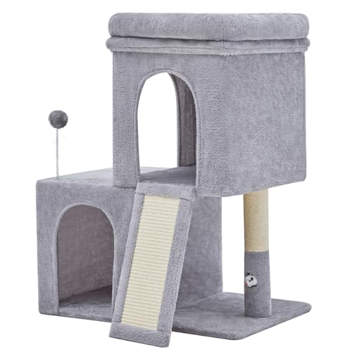 32inch Tall Cat Tree with 2 cat condo for Adult Cats Cozy Cat Tower with Scratching Post and Scrather Board for Cats of Different Ages.（Light Grey） (31.5'')