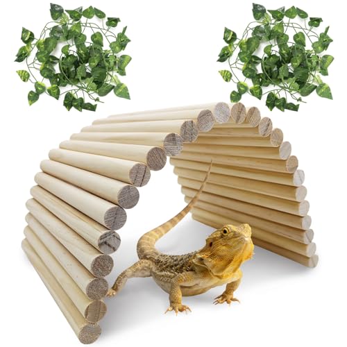 15.66 x 7.8 Inches Wooden Reptile Hideout Bearded Dragon Bendy Bridge Climbing Ladder Hiding Hut Reptiles Hide Cave Habitat Decor for Lizards Gecko Spiders Snakes Tortoise