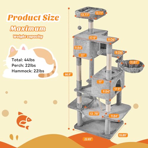 Large 66 Inch Cat Tree Tower with Sisal Scratching Post (Light Grey / 66 Inches)