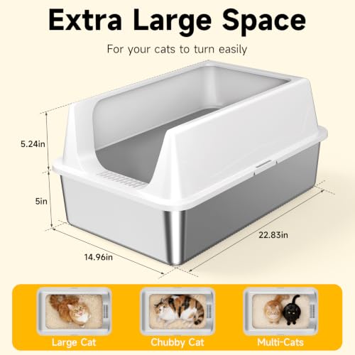 XL Open Top Stainless Steel Litter Box with High Sides (Gray-1Pack)