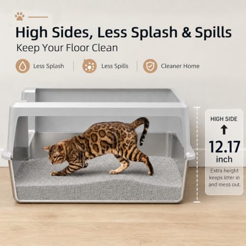 XL Stainless Steel Cat Litter Box with High Sided Enclosure (XL-Cool Grey)