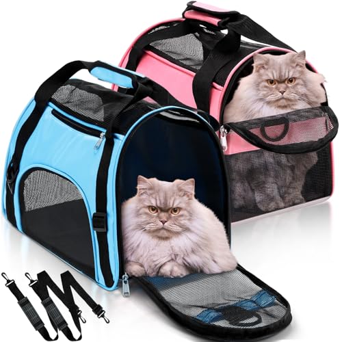 2 Pcs Pet Carrier for Cat Soft Sided Travel Bag (Small / Pink, Blue)