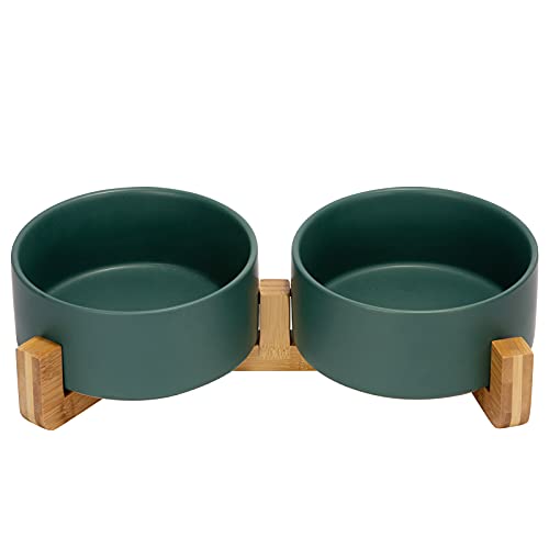 Ceramic Dog and Cat Bowl with Wood Stand Non (3.6 cups / Green × 2)