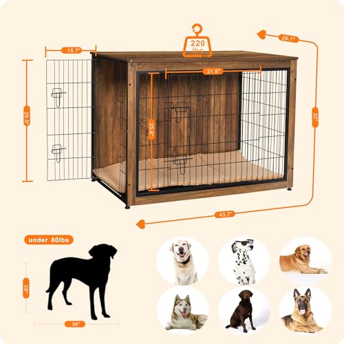 43.3" XXL Dog Crate Furniture with Cushion (Warm Brown / 43.3"L x 29.1"W x 31.7"H)