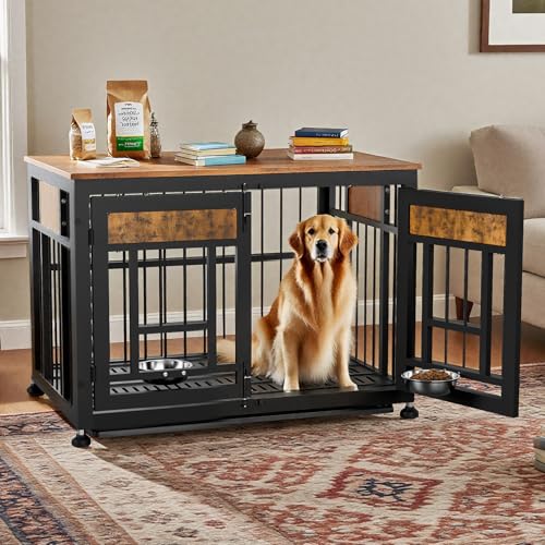 Large Dog Crate Furniture (Rustic Brown & Black / 42.9"L x 38.3"W x 30.0"H)