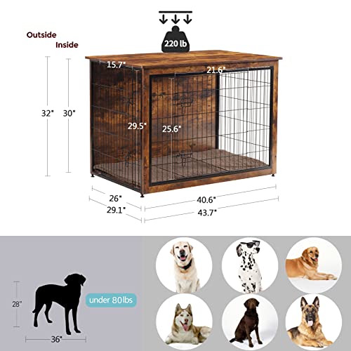 43.3" XXL Dog Crate Furniture with Cushion (Rustic Brown / 43.3"L x 29.1"W x 31.7"H)