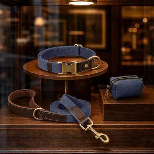 PU Leather Dog Collar for Medium Dogs (Blue / M: Neck 14-19", Width ¾")