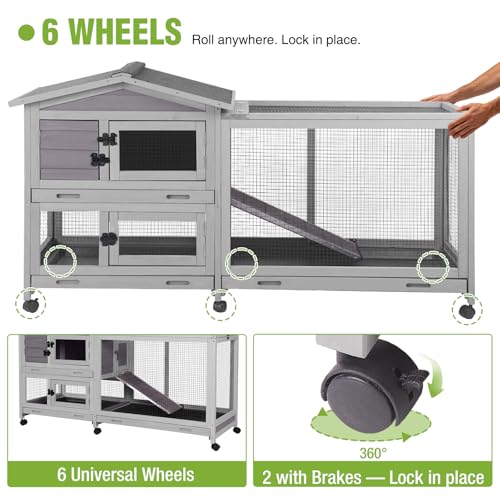 2 Story Wooden Rabbit Hutch Indoor Outdoor (Gray / 62.0"L x 22.6"W x 33.5"H)