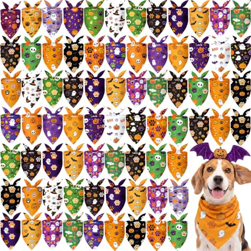 100 Pcs Halloween Dog Bandanas Bulk Cute Dog Paw Prints Pattern (Halloween Paw Prints / 19.7 x 13.8 x 13.8 Inch)
