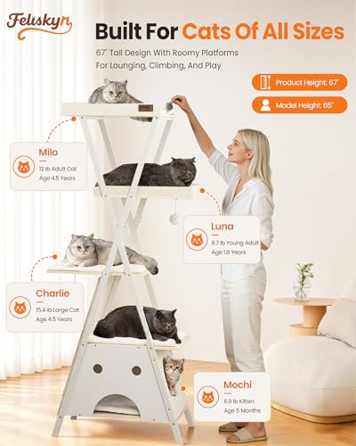 Modern Wood Cat Tree Tower for Indoor Cats Large Adult 67 (67 inch / Rustic White)