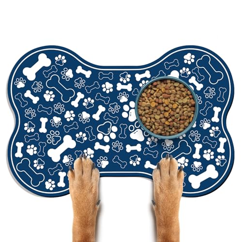 Dog & Cat Food Mat Bone Shaped Pet Feeding Mat Quick Absorb Water Bowl Placemat with Rubber Backing Indoor Floor Stain Resistant Pet Accessory Supplies (Blue / 16"L x 24"W)