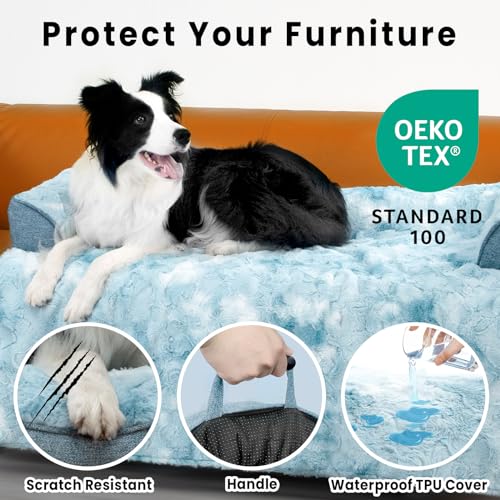Calming Dog Bed for Couch with Tie (Tie-Dye Blue / 45"L x 37"W x 5"Th)