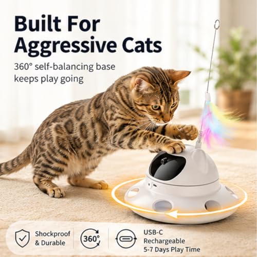 3-in-1 Auto Laser Cat Toy, USB Recharge Motion Activated Kitten Feather Chase Toy - Off-White (Off-white)