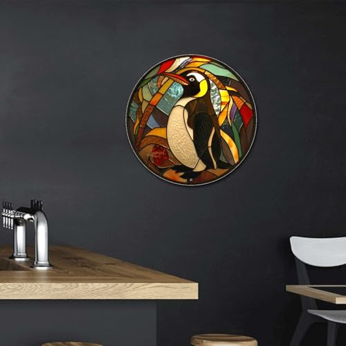 Metal Sign Tin Sign Circular Stained Glass Penguin Greenhouse Decor for Patio 12×12 Inches (12×12 Inches / Penguin)