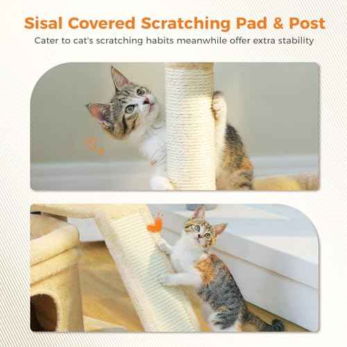Small Cat Tree Tower for Indoor Cats with Large Perch (Beige / L Plus(19.3"L x 12.2"W))