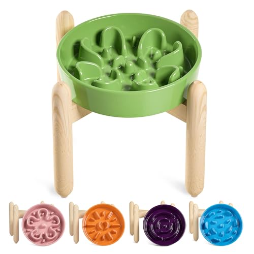 Ceramic Slow Feeder Dog Bowls Elevated (Clover Green+Stand / L-3 Cups)