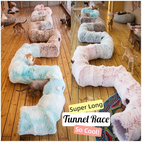 4 Cave Plush XL Cat Tunnel Bed Indoor Cats Peekaboo Toy Mat Pink (Pinkish White)