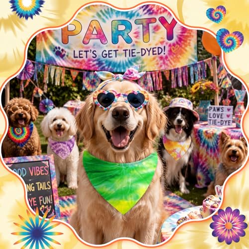 50 Pieces Tie Dye Dog Bandanas Bulk Colorful Hippie Pattern Dog Bandanas for Dogs Triangle Kerchief Scarf Bibs Set for Pets Summer Party Costume Accessories (Tie Dye / 19.7 x 13.8 x 13.8'')