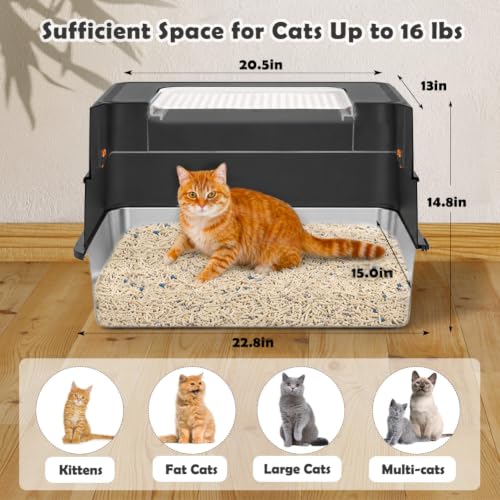 XL Stainless Steel Cat Litter Box with Lid (Black)