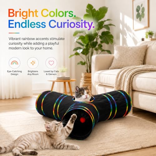 Cat Tunnels Tube Toy with Plush Ball & Cat Wand Feather Toys (1 Pack - 3-Way Tunnel / Black)