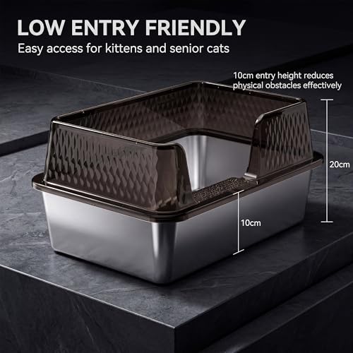 Medium Stainless Steel Litter Box Side Entry High Sides Deep Metal Cat Litter Boxes with Lid Low Entry Litter Mat and Scoop Litter Pan (Black / Medium)