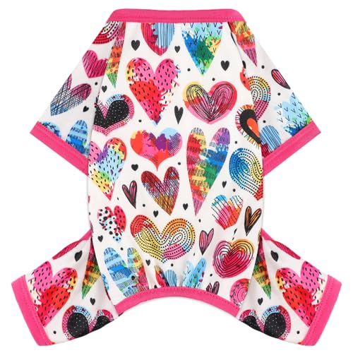 Dog Pajamas Small Sized Dogs Stretchable Summer Dog Clothes Pjs 4 Legs Girl Boy Cute Soft Puppy Outfits Doggie Cat Jammies Jumpsuit Sleeper for Pet (Love Heart / Medium (Chest 15in ))