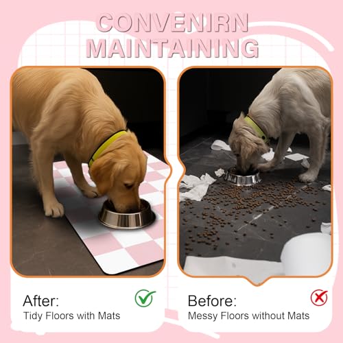 Checkered Dog Cat Feeding Mat (17"L x 28"W / Pink & White)