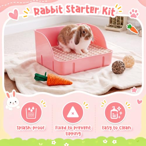 15 Pcs Rabbit Starter Kit Small Rabbit Litter Box Girls Gift Animal Grooming Kit Bunny Toys Bowl Blankets with Cleaning Set for Guinea Pig Accessories (Bright Pink‌)