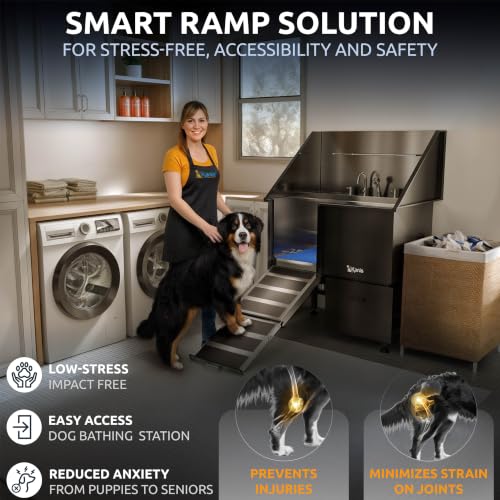 Professional Dog Washing Station 304 Stainless Steel Pet Wash Sink (Black, Left Ramp, 1 Drawer / 40 Inches)
