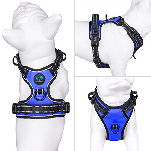 No Pull Dog Harnesses for Small Puppies Reflective Adjustable Front Clip Vest with 2 Metal Leash Attachment Hooks Soft Handle [Over The Head Design] (Medium / Royal Blue)