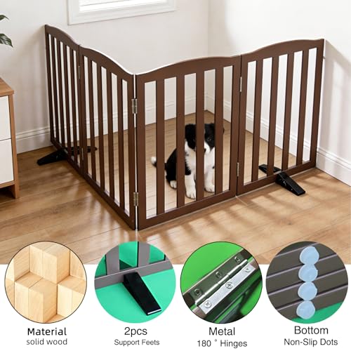 Foldable Freestanding Indoor Dog Gate for House Wood Long Pet Gates Dog Fence for Stairs Puppy Gates for Hallways (Brown / 【4 Panels】80''w X 32''h)