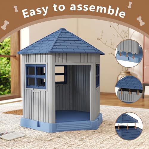 Dog House Indoor Outdoor Durable Large Dog Shelter with Outside Dog Kennel with Window and Elevated Floor for Small Medium Dogs (Blue / 34.8*30.51*36.89)