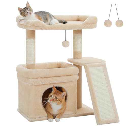 Small Cat Tree Tower for Indoor Cats with Large Perch (Beige / L Plus(19.3"L x 12.2"W))