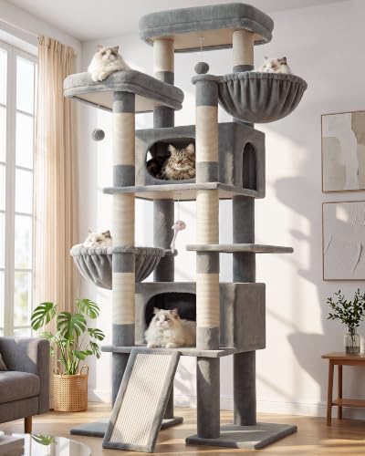 Giant Tall Heavy Duty Cat Tower for Indoor Large Cats (Light Grey / 75 inch)