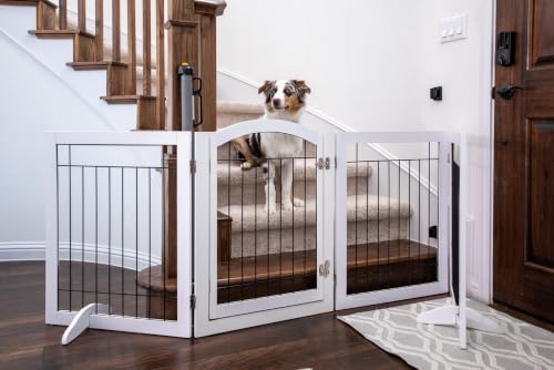 Freestanding Foldable Dog Gate Indoor with Door (White / 【4 Panels with Door】96"W x 30"H)