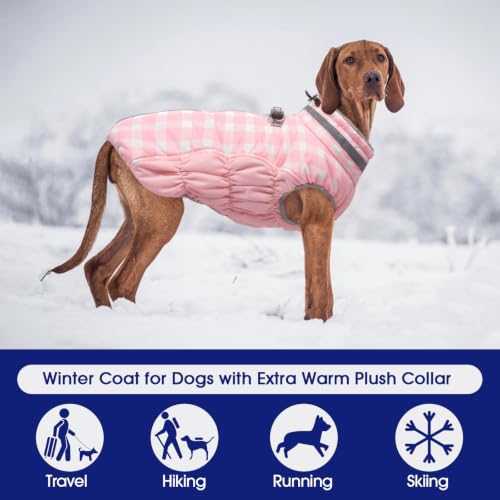 Dog Winter Coat Fleece Warm Large Dog Coat with Harness Built in (Pink Plaid / XL(chest:30in）)