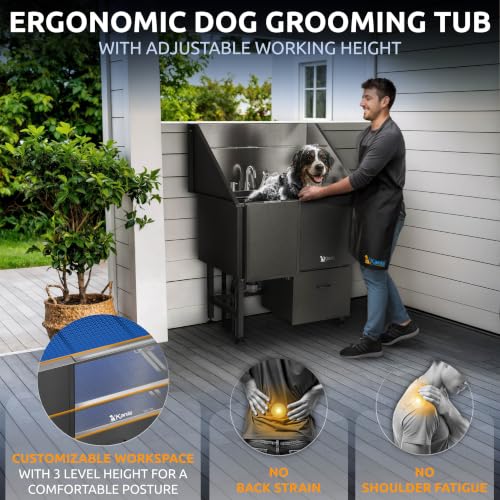 Professional Dog Washing Station 304 Stainless Steel Pet Wash Sink (Black, Left Ramp, 1 Drawer / 40 Inches)