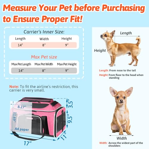 Top Expandable Small Pet Carrier 17"x11"x9.5" Airline Approved (17.0"L x 11.0"W x 9.5"H / Pink)