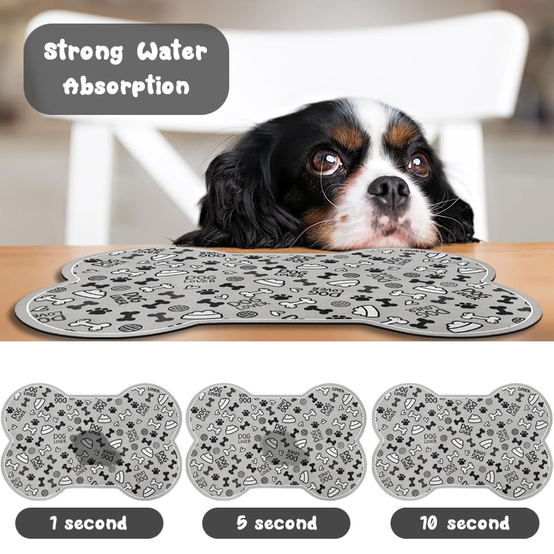 Dog Food Mats for Floors Waterproof (Grey Bone02 / 23.6"L x 15.7"W)