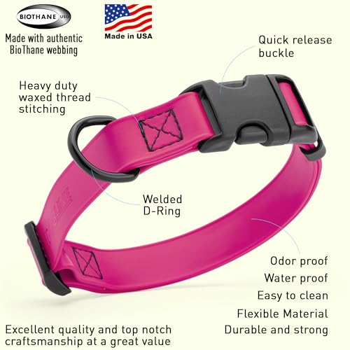 Biothane Waterproof Dog Collar with Quick Release Buckle Strong Coated Nylon Webbing with Odor (1"W by 15-25"L / Magenta Pink)