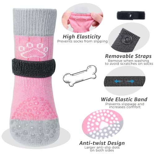 Anti Slip Dog Socks to Prevent Licking Paws for Hardwood Floors (Pearl Paw-Pink / Large (4 Count))