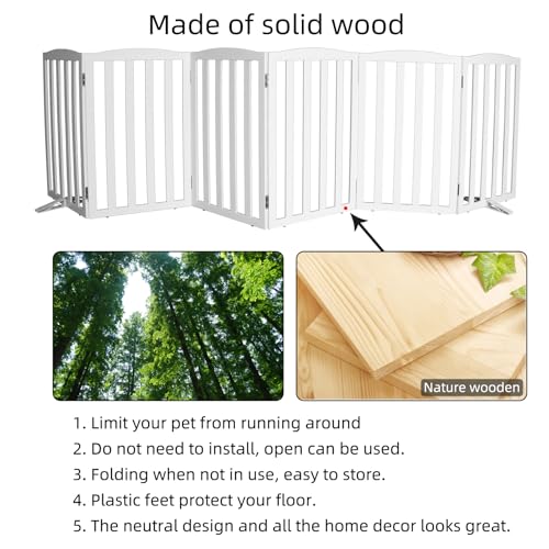 Foldable Freestanding Indoor Dog Gate for House Wood White Long Pet Gates Dog Fence for Stairs Puppy Gates for Hallways (White / 【6 Panels】120''w X 32''h)