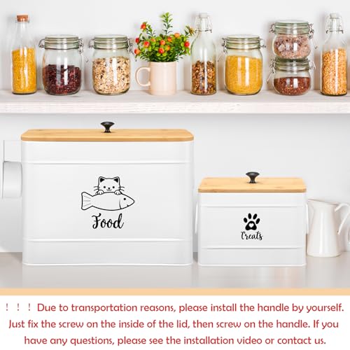 2 Pcs Large Metal Cat Food Storage Containers 12+3.5 Lbs Decorative Pet Treat Snack Jars Airtight Bamboo Lids & Dry Food Scoop for Farmhouse Kitchen Counter Decor (White)