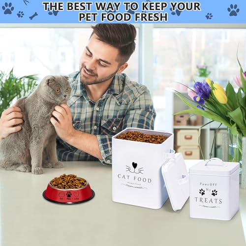 Farmhouse Cat Food and Treats Containers + Feed Scoop + Pet Food Bowl (Glossy White)
