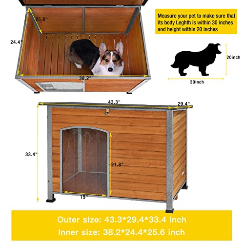 Insulated Dog House Outdoor & Indoor Wooden Dog Kennel for Winter with Raised Feet Weatherproof for Small & Medium & Large Dogs (43.3"Brown)