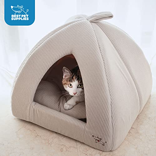 Cat Bed for Indoor Cat (Beige Corduroy / 16" x 16" x H:14")
