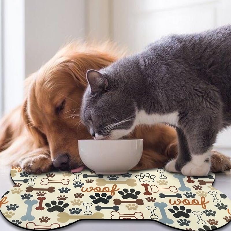 Dog Food Mats for Floors Waterproof (Beige Bone / 25.5"L x 17"W)
