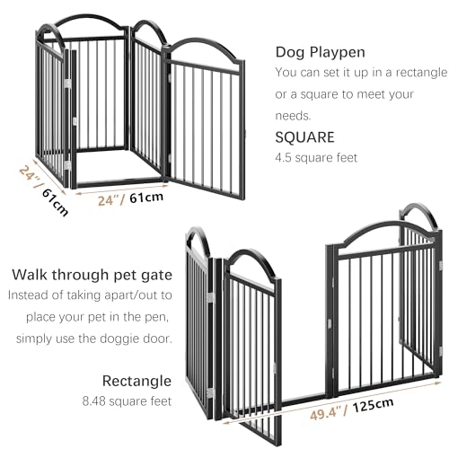 Metal No Assembly Freestanding Dog Gate with Door Walk Through (Black C / 4 panels 96"W*32"H HYG)