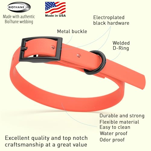 Biothane Waterproof Dog Collar Strong Coated Nylon Webbing with Black Hardware Odor (W1/2" x L9-12" / Coral)